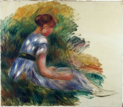 爱丽丝·甘比在花园里，年轻的姑娘坐在草地上，1891年 作者 皮埃尔·奥古斯特·雷诺阿