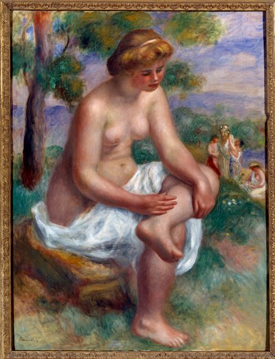 沐浴者坐在皮埃尔·奥古斯特·雷诺阿（Pierre Auguste Renoir）的名为Eurydice绘画的风景中 作者 皮埃尔·奥古斯特·雷诺阿