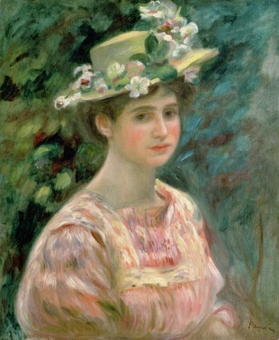 有Eglantines的女孩在她的帽子，c.1896 作者 Pierre Auguste Renoir