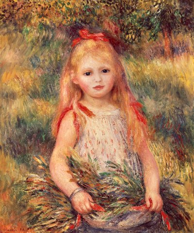 拿着玉米捆的女孩，皮埃尔·奥古斯特·雷诺阿（1841-1919），布面油画，65x54 厘米 作者 皮埃尔·奥古斯特·雷诺阿