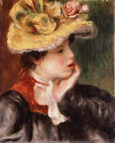 戴黄色帽子的女孩的头 作者 Pierre Auguste Renoir