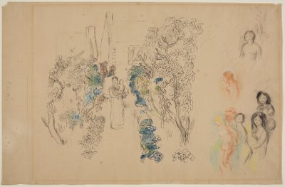 风景和人物（铅笔，墨水，卫生纸和蜡笔在纸上） 作者 皮埃尔·奥古斯特·雷诺阿