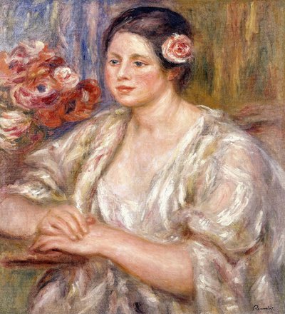 玛德琳（Madeleine），身穿白色上衣，束鲜花，约1915-1919年 作者 皮埃尔·奥古斯特·雷诺阿