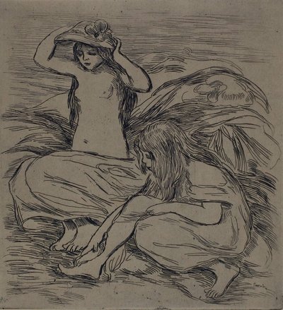两个沐浴的女人，约 1895 年（蚀刻版画，棕褐色绒面纸） 作者 皮埃尔·奥古斯特·雷诺阿