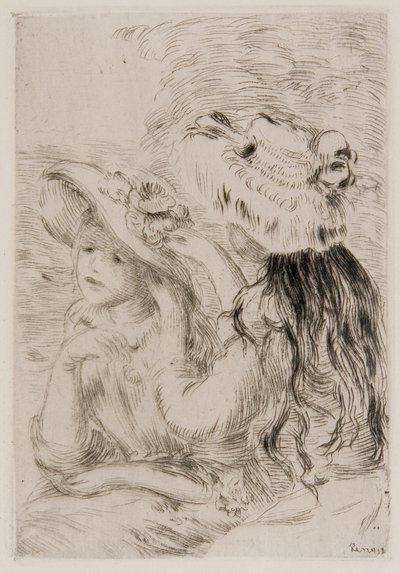 两个年轻女孩在帽子上别花，约 1894 年（纸上水墨蚀刻版画） 作者 