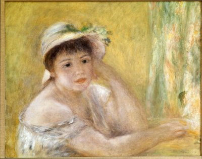 戴着草帽的女人。 皮埃尔·奥古斯特·雷诺阿 (Pierre-Auguste 作者 皮埃尔·奥古斯特·雷诺阿