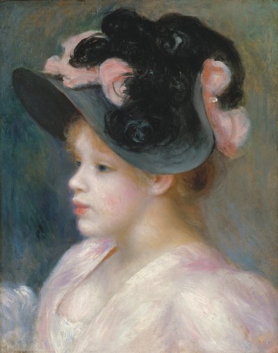 一个粉红色和黑色帽子的年轻女孩，c.1891 作者 Pierre Auguste Renoir