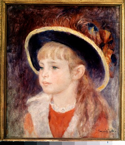 戴蓝帽子的年轻女孩：珍妮 (Jane) Henriot (1878-1900) 的肖像，3 月 9 日在法国喜剧的火中活着的死布丁 作者 皮埃尔·奥古斯特·雷诺阿
