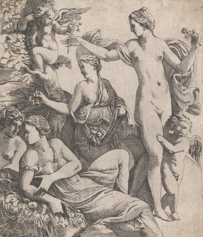 维纳斯，与三位圣女站在一起，被提供了一朵来自普托的花，1607-61。 作者 皮埃尔·比亚德