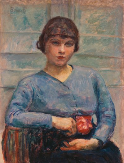 穿蓝色衣服的年轻女孩与一朵玫瑰，约1916年（布面油画） 作者 皮埃尔·邦纳德