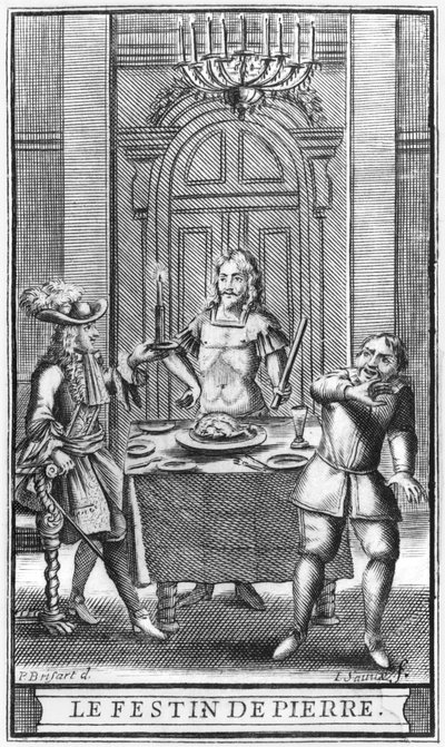 Don Juan和Commendatore，来自&39;Don Juan，或Le Festin de Pierre&39;by Moliere的正面插图，由Jean Sauve雕刻（fl.1660-91）1682版 作者 皮埃尔·布里萨特