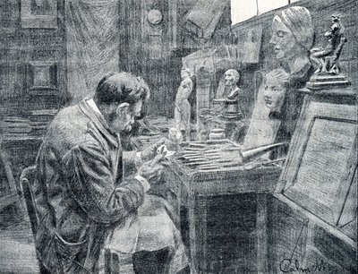 象牙工人用凿子、刮刀和凿子雕刻象牙 雕刻作品来自 Pierre Calmette 私人收藏的“Excursion a travers les metiers” 作者 皮埃尔·卡尔梅特