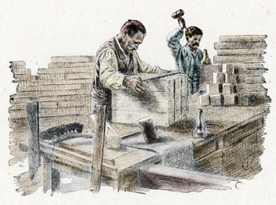 Savonnerie: le decoupage des breads de soap (manufacture of bars of soap) 皮埃尔-卡尔梅特的 "Excursion a travers les metiers "中的雕刻 私人收藏 作者 皮埃尔·卡尔梅特