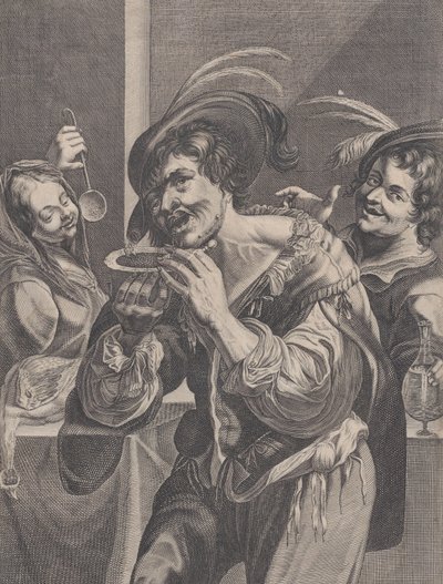 男子喝汤，两个人看着他，1624-75。 作者 皮埃尔·达雷特