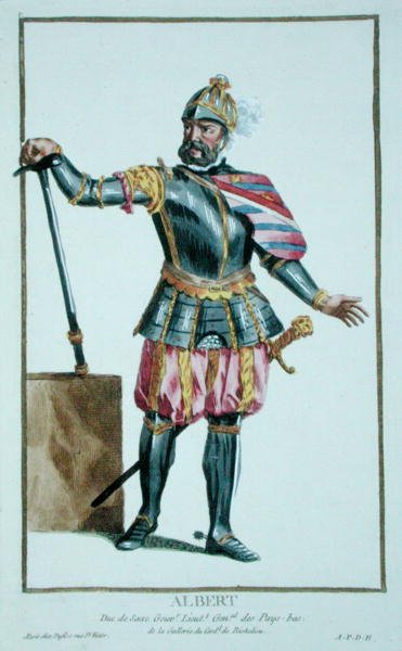 大胆的阿尔伯特（1443-1500）萨克森公爵，摘自 "Receuil des Estampes, representant les Rangs et les Dignites, suivant le Costume de toutes les Nations existantes"，1780年出版（手绘版画）。 作者 皮埃尔·杜弗洛斯