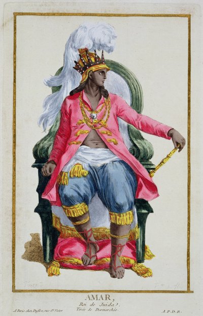 奥伊达国王阿马尔，选自《Receuil des Estampes, representant les Rangs et les Dignites, suivant le Costume de toutes les Nations existantes》，1780 年出版（手工彩色雕刻）。 作者 皮埃尔·杜弗洛斯