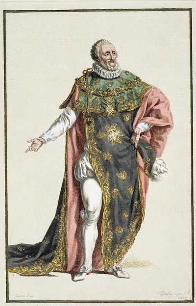 亨利四世（1553-1610）法国国王，来自Receuil des Estampes，代表Ranges和Dignites，遵循所有现有国家的服装，出版1780年（手工彩色雕刻） 作者 皮埃尔·杜弗洛斯