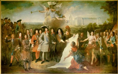 卢瓦侯爵（1639-1691 年）向路易十四提交荣军院（Royal Hote des Invalides）平面图 出席会议的有亨利-德-拉图尔-奥弗涅（1611-1675 年）、自由党人布鲁昂（1631-1697 年）、波旁王朝的路易二世、孔德亲王（波旁-孔德）（162 年 作者 Pierre Dullin