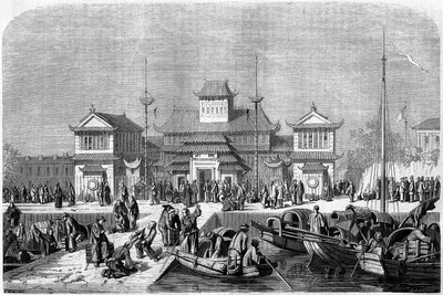 Customs view in the port of Shanghai in 1860, China. Engraving by Grandsire, in “” Le Tour du Monde, Nouveau journal des Voyages””, edited by Edouard Charton, Paris 作者 皮埃尔·尤金（Pierre Eugene）