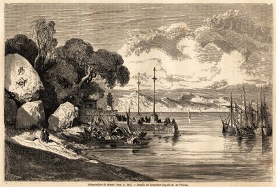 The Barcadere de Macau, drawing by Grandsire to illustrate the journey to China and Japan, in 1857-1858, of M.de Moge. Engraving in “” Le tour du monde, nouveau journal des voyages”” Paris 作者 皮埃尔·尤金（Pierre Eugene）