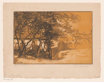 风景与树后的农舍
Les Prunelliers（物上标题） 作者 Pierre Eugene Vibert（艺术家签名）