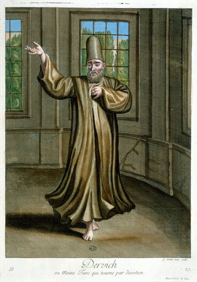 Dervich，即通过献身而跳舞的土耳其僧侣，"1707年和1708年代表黎凡特不同民族的100幅版画集"，由国王驻波特的大使德-弗里约尔先生订购，1712-13年由巴斯的勒海先生负责更新。 作者 皮埃尔·弗朗索瓦·巴桑