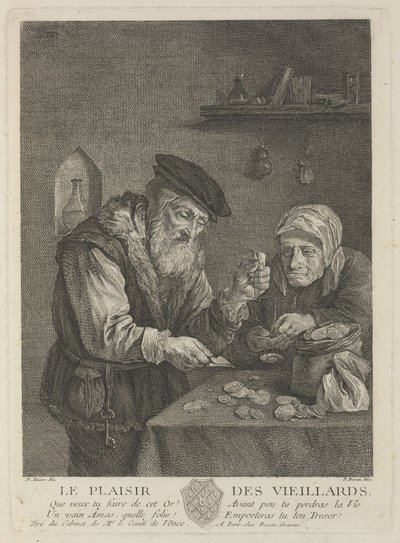 十八世纪中叶戴维·泰尼尔斯（David Teniers the Younger）的画作后，享受着老年的乐趣。 作者 皮埃尔·弗朗索瓦·巴桑