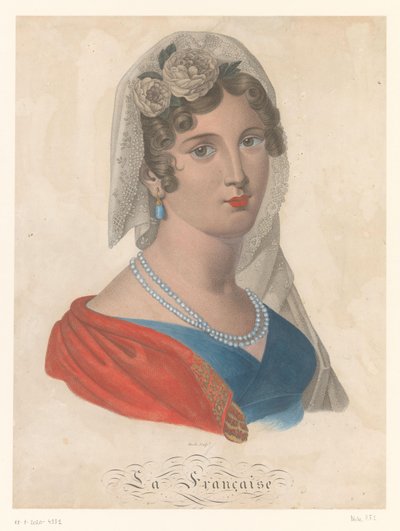 佩戴镶有蓝色宝石耳环的法国妇女，头戴白纱和玫瑰花
La Française （物品上的标题） 作者 皮埃尔·弗朗索瓦·伊西多尔·德克勒