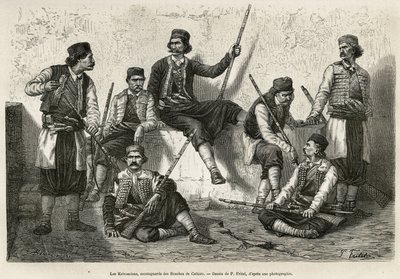 The Krivoscians, mountaineers of the Bouches de Cattaro (or Kotor, bay on the ocidental coast of Montenegro), weapons to resist the force of encroachment in the Austrian troops. Engraving after P.Fritel