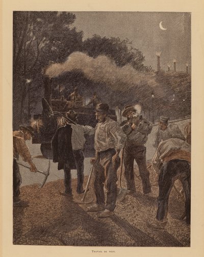 巴黎夜间的道路施工（彩色平版印刷） 作者 皮埃尔·乔治·让尼奥
