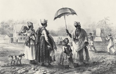 有孩子的奴隶贩子，来自《苏里南之旅》，1839年（石印）（黑白照片）。 作者 皮埃尔·J·········（·····