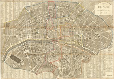 1802 年地图 - Plan Routier de la Ville et Faubourg de Paris（巴黎市区和街区平面图），分为 12 个市镇 作者 皮埃尔-让