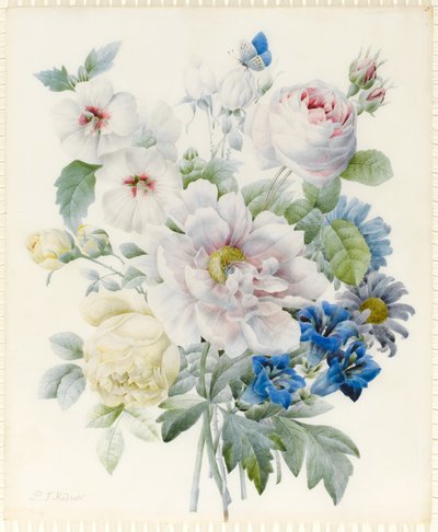 一束鲜花，包括牡丹，玫瑰，芙蓉，紫苑，龙胆和想象中的蓝蝴蝶（石墨和wc，在牛皮纸上有石墨阿拉伯语的痕迹） 作者 皮埃尔·约瑟夫·雷杜特
