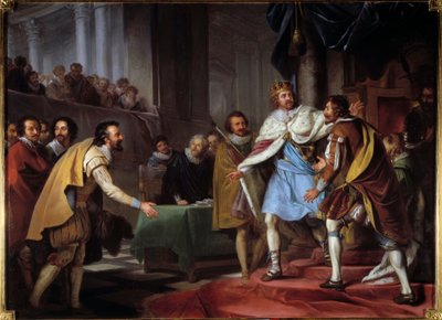 1603 年，萨利公爵白求恩的马克西米利安 (1560-1641) 到詹姆士一世·斯图亚特国王的大使馆法国国王亨利四世的大使前来与新英格兰国王谈判，并于 1603 年 9 月 9 日称他为汉普顿宫 . 皮埃尔·拉库尔 (Pierre Lacour) 的画作（1747 年） 作者 Pierre Lacour