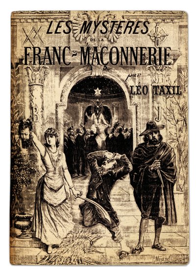 Marie Joseph Gabriel Antoine Jogand-Pages (Jogand Pages)（1854-1907 年）的反马孔教作品 "Les mysteres de la Franc-masonnerie "的正面插图，描述了马孔教仪式的奥秘，插图由 Pierre Mejanel 绘制。十九世纪 作者 皮埃尔·梅亚内尔