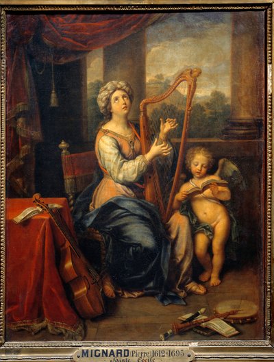 圣塞西尔赞美主 圣人弹奏竖琴，周围环绕着乐器。 画作 Pierre Mignard (1612-1695) 1691 年 0,74x0,56 m 巴黎，卢浮宫 作者 皮埃尔·米尼亚德