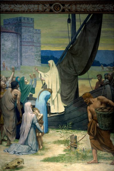 Sainte Genevieve 为被匈奴国王阿提拉军队包围的巴黎人提供补给。 Pierre Puvis De Chavannes (1824-1898) 19 世纪巴黎的壁画。 万神殿 作者 皮埃尔·普维斯·德·沙瓦纳