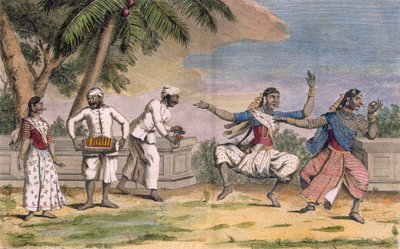 一群Bayaderes，或印度舞女，与男性音乐家合作，插图来自&39;Voyage aux Indes et a la Chine&39;，由Poisson雕刻，1782年（彩色雕刻） 作者 皮埃尔·桑纳拉特