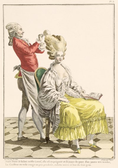 一个年轻女子在她的美发师Peignoir，来自&39;Galerie des Modes et Costumes Francais&39;的板31，由杜宾雕刻，1778年 作者 皮埃尔·托马斯·勒克莱尔