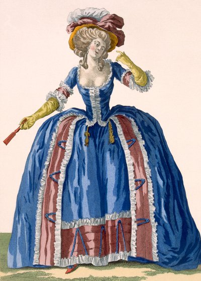 英式风格箍连衣裙，电蓝色，酒红色边饰，由Bacquoy雕刻，来自&39;Galeries des Modes et Costumes Francais&39;的第182号板块，c.1778-87 99：衣服; 作者 皮埃尔·托马斯·勒克莱尔