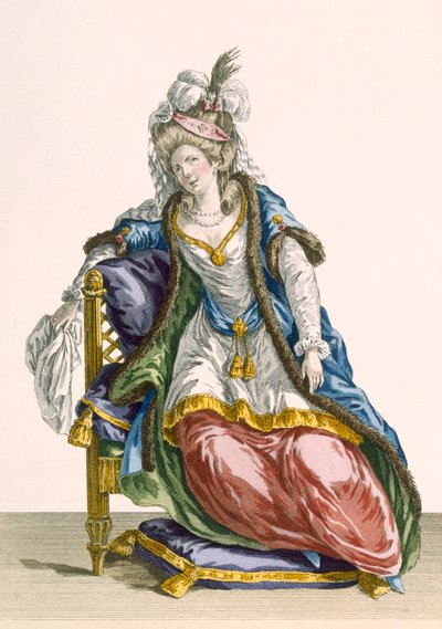 Lady&39;Habit a la Sultan&39;，由Patas雕刻，来自&39;Galeries des Modes et Costumes Francais&39;的第107号板块，c.1778-87 99：衣服;传统服饰;传统服饰;时尚;一世 作者 皮埃尔·托马斯·勒克莱尔