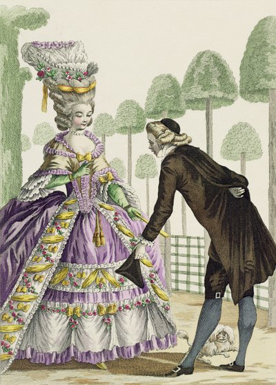 穿着淡紫色连衣裙的女士在皇宫（Palais Royal）的花园散步，来自&39;Galerie des Modes et Costumes Francais&39;的13号板，由Etienne Claude Voysard（1746-1812）雕刻1778 作者 皮埃尔·托马斯·勒克莱尔