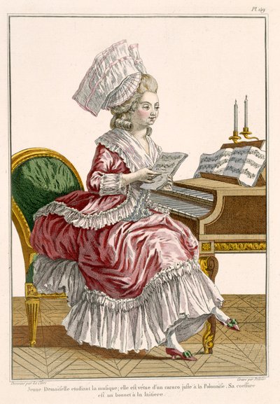年轻女子在她的大键琴学习音乐，来自&39;Galerie des Modes et Costumes Francais&39;的149号板，由J. Pelicier雕刻，1778年 作者 皮埃尔·托马斯·勒克莱尔