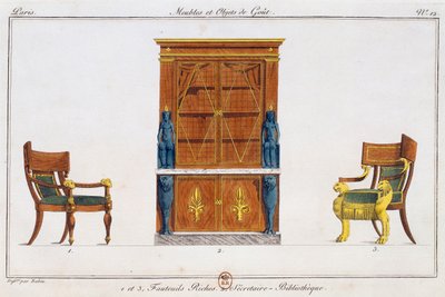 扶手椅和图书馆写字台，图版12，插图来自《家具和品味物品收藏》（Collection de meubles et objects de gout）。 作者 皮埃尔·德拉·迈桑格