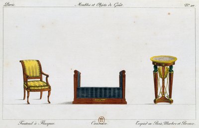 镶边扶手椅、情人椅和三角桌，图版211，插图来自《家具和品味物品集》（Collection de meubles et objects de gout）。 作者 皮埃尔·德拉·迈桑格
