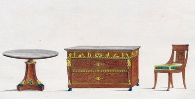 桃花心木桌、抽屉柜和椅子，板块241，插图来自《家具和品味物品集》。 作者 皮埃尔·德拉·迈桑格