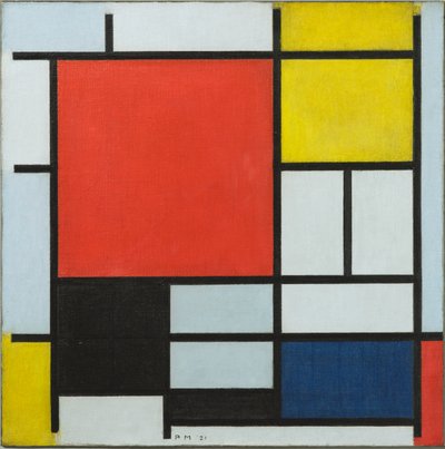 与大红色飞机，黄色，黑色，灰色和蓝色的构成，1921年 作者 Piet Mondrian