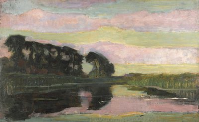带有粉色和黄绿色天空的河流景观，约1907-1908年。 作者 彼得·蒙德里安