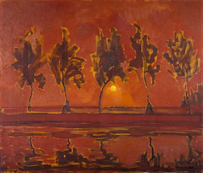 盖因河上的树木，月亮升起，1907年。 作者 彼得·蒙德里安