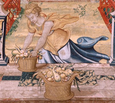 佛兰德挂毯系列 Vertumnus 和 Pomona。Vertumnus 变成了一个农夫。下边框的中央部分是关于朱庇特之爱的情节：达娜埃。该系列的第二幅挂毯。Pieter Coecke van Aelst 的模型圈。制造商：威尔 作者 彼得·科克·范·阿斯特（Coecke van Aelst）